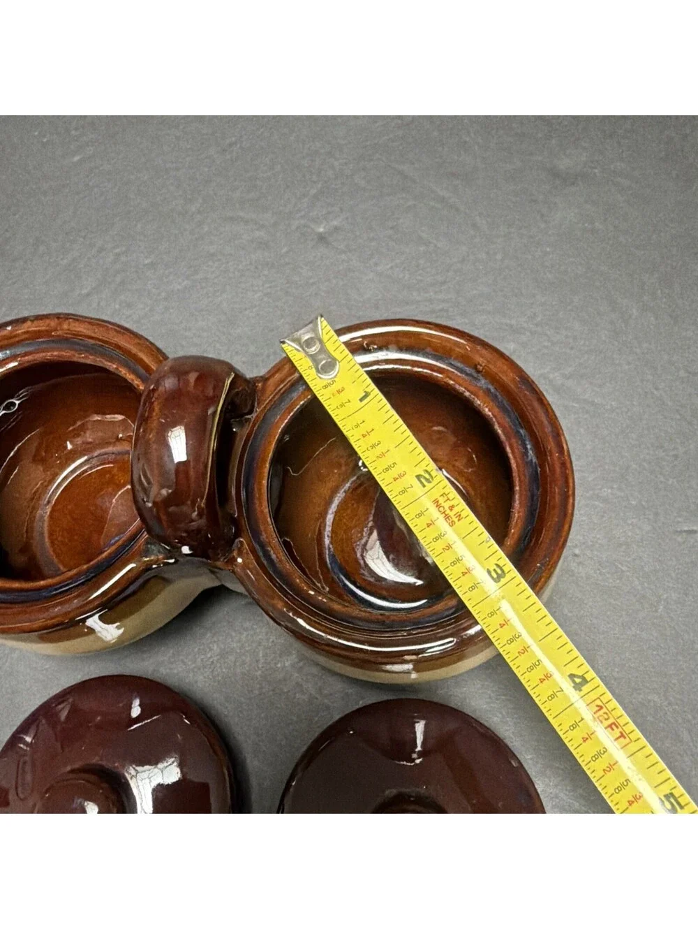 Vintage Stoneware Two-Tone Brown Tan Double Condiment Set Lids Spoons Taiwan